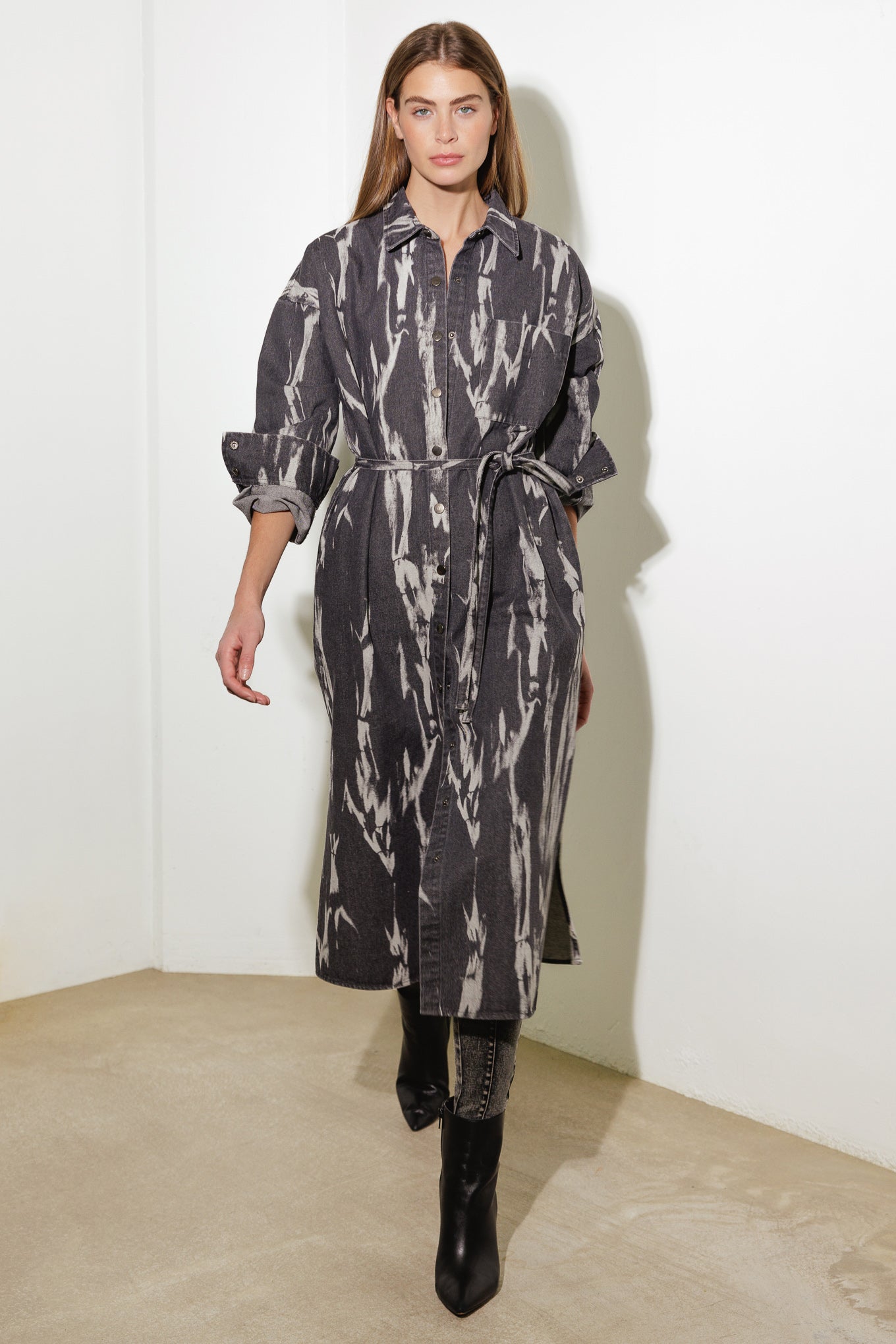 HERE & NOW WOVEN DENIM MIDI SHIRT DRESS - By Baano