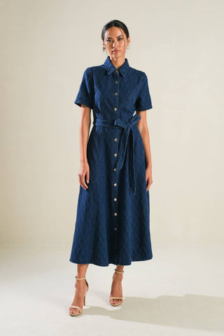 CONFIDENT STRIDES DENIM MIDI DRESS - By Baano