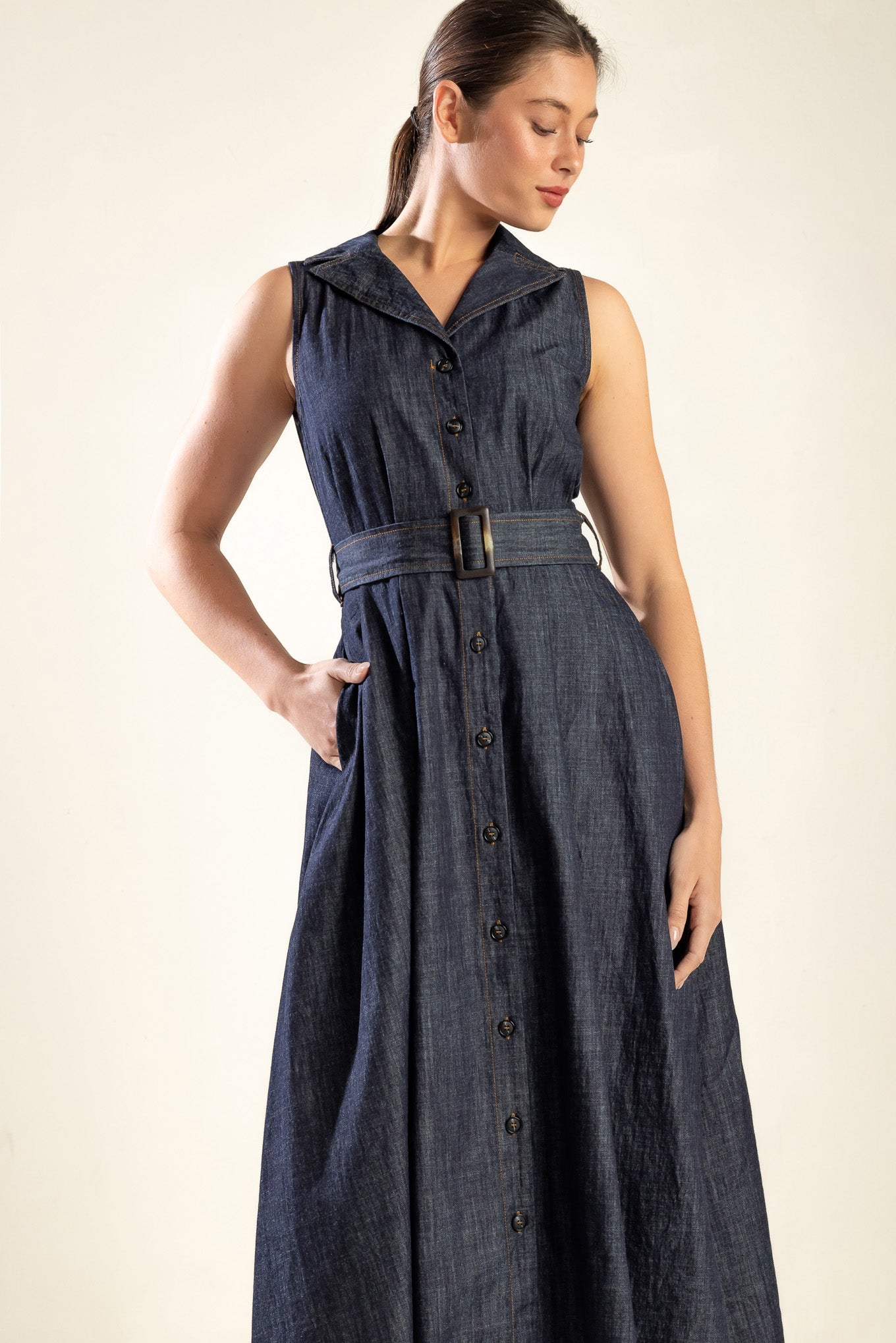 OASIS OF CALM RIGID DENIM MIDI DRESS - By Baano