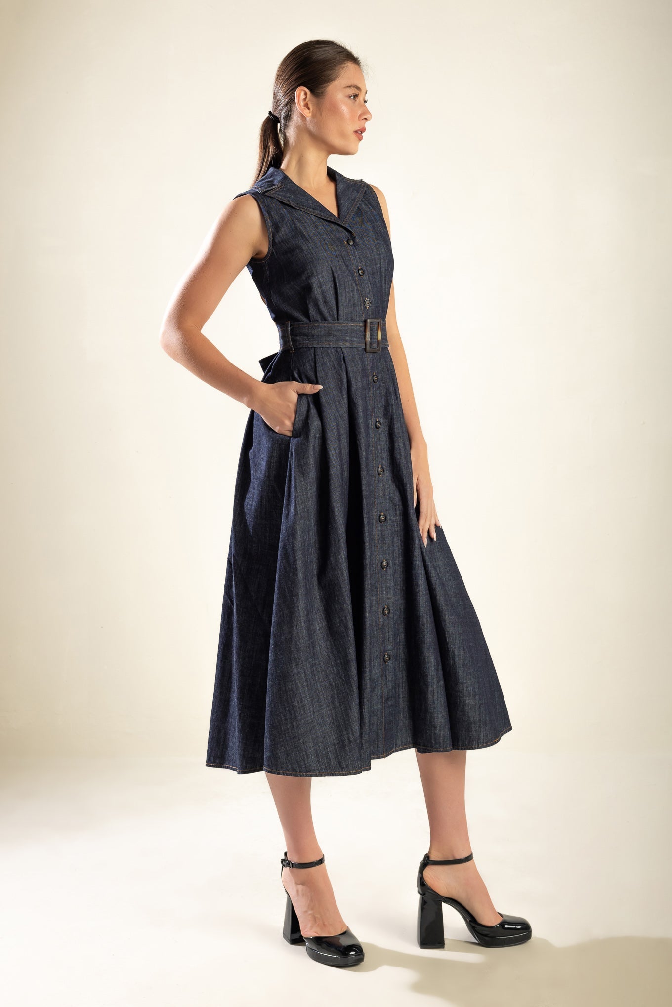 OASIS OF CALM RIGID DENIM MIDI DRESS - By Baano