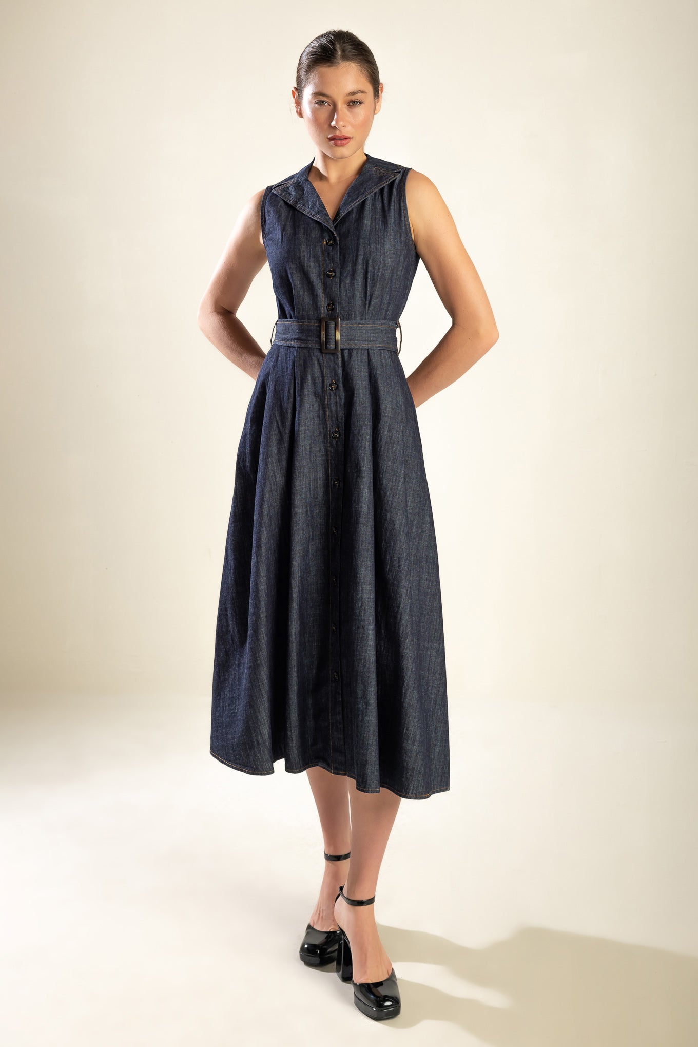 OASIS OF CALM RIGID DENIM MIDI DRESS - By Baano