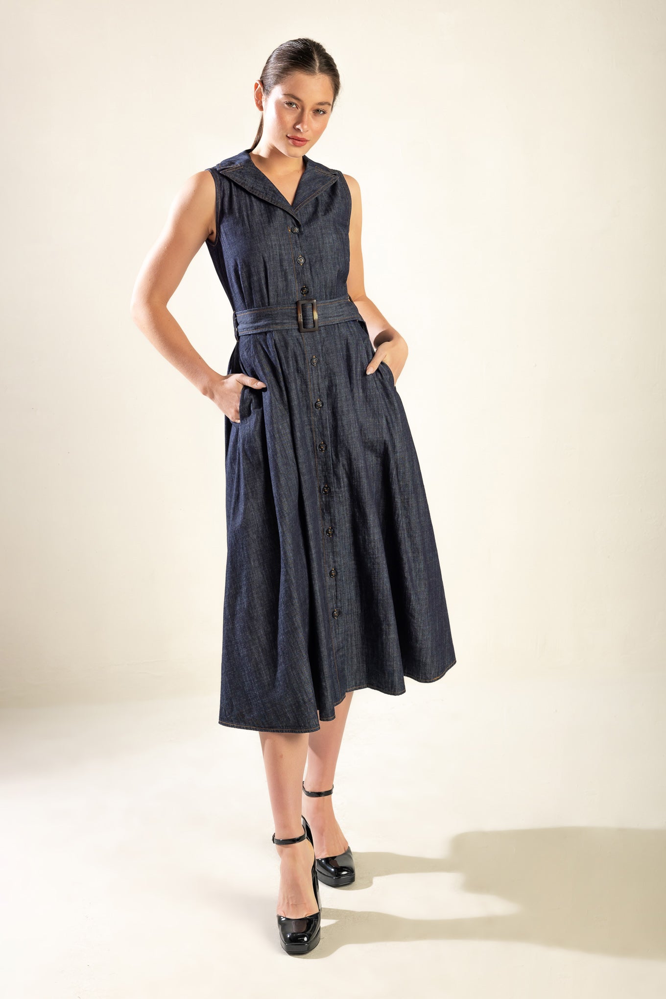 OASIS OF CALM RIGID DENIM MIDI DRESS - By Baano
