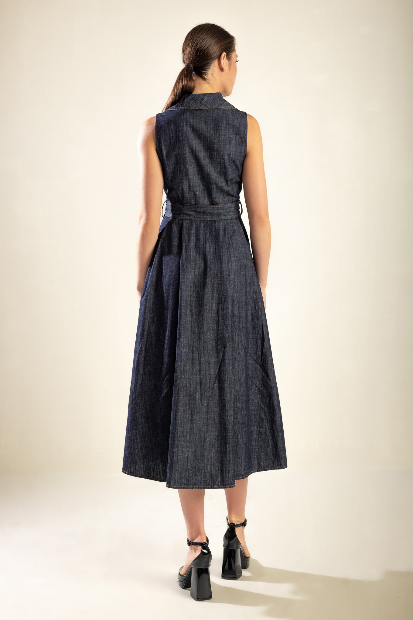 OASIS OF CALM RIGID DENIM MIDI DRESS - By Baano