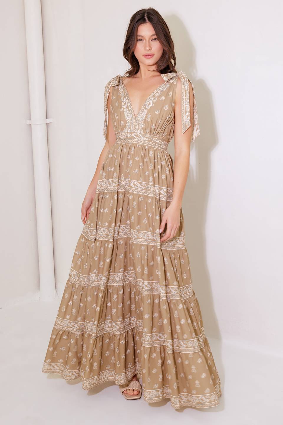 CUDDLY ATTITUDE TAUPE WOVEN MAXI DRESS