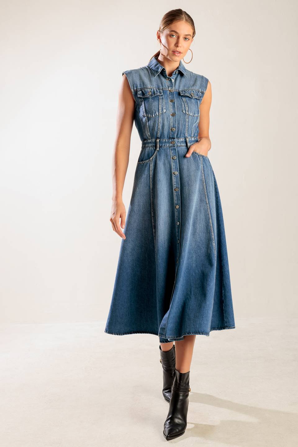 IN THE SAND SKY DENIM MIDI DRESS Flying Tomato