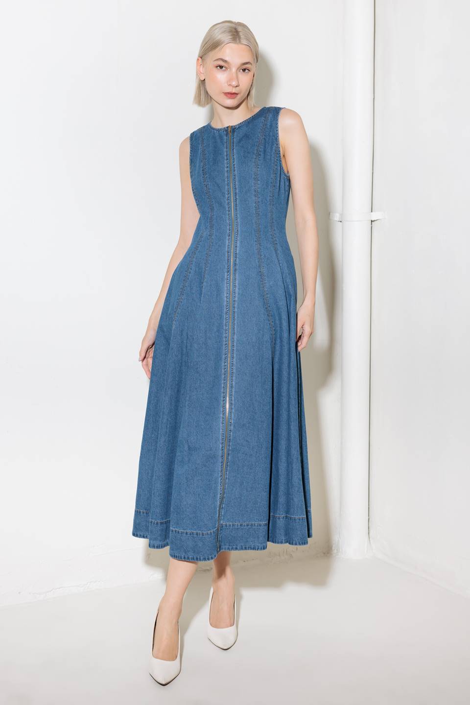 IRRESISTIBLY POISED DENIM MIDI DRESS Flying Tomato