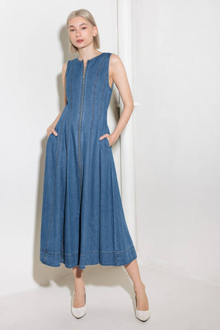 IRRESISTIBLY POISED DENIM MIDI DRESS - By Baano