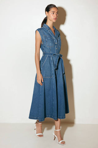 LIGHT CODE MEDIUM DENIM MIDI DRESS - By Baano