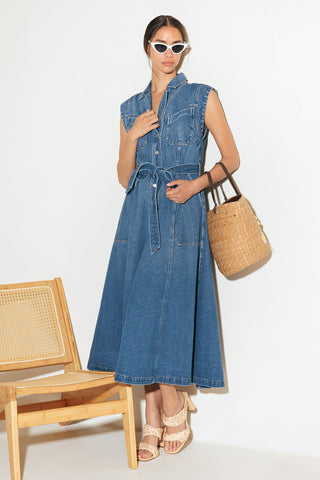 LIGHT CODE MEDIUM DENIM MIDI DRESS - By Baano