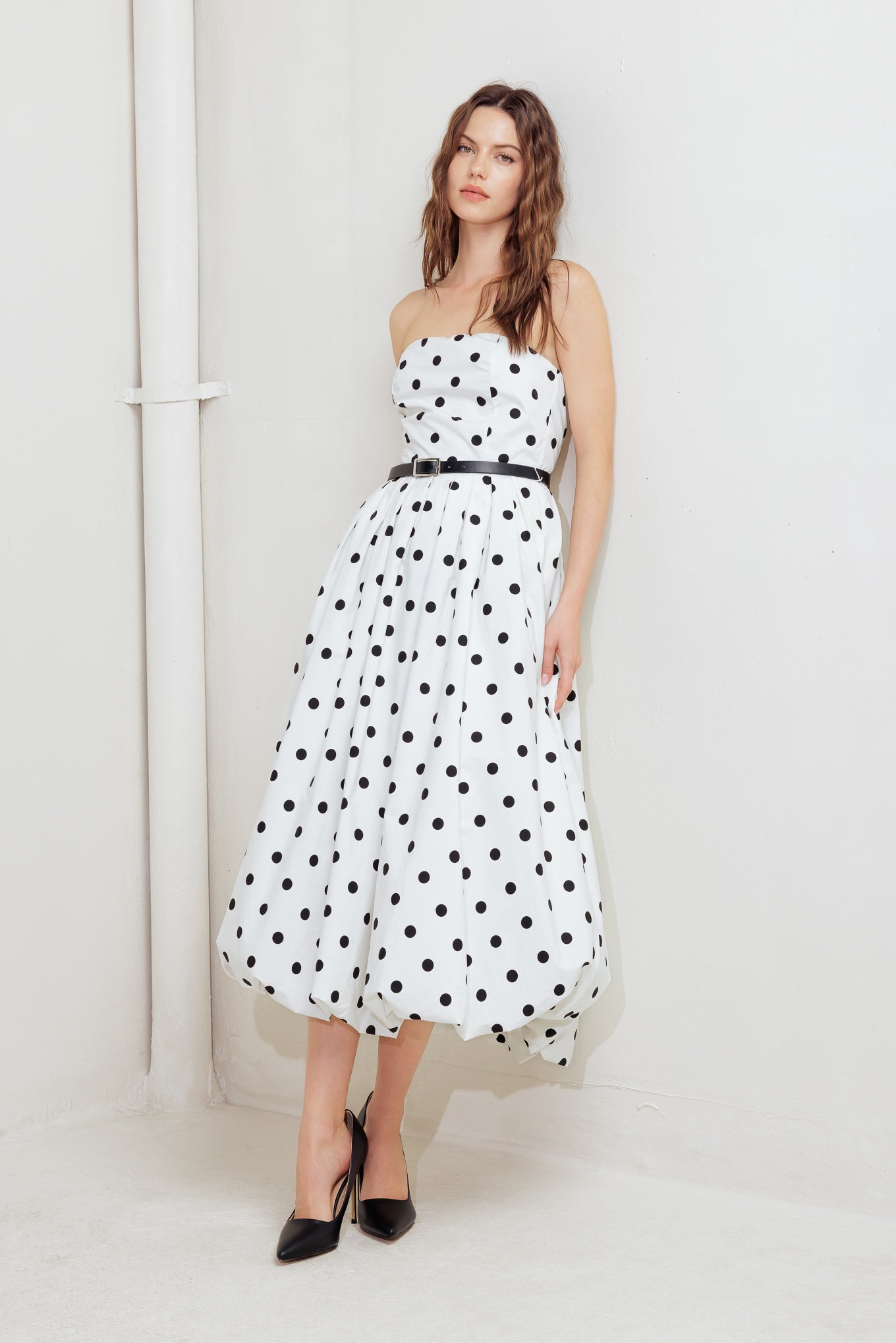 MONROE DOT WHITE WOVEN MIDI DRESS - By Baano