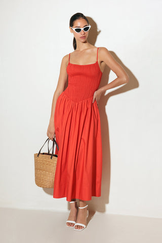 MOVE WITH INTENTION RED WOVEN MIDI DRESS - By Baano