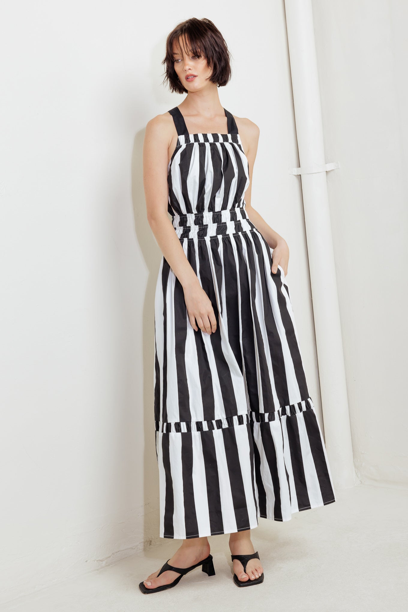 LUXE LINEAR STRIPED WOVEN MIDI DRESS - By Baano