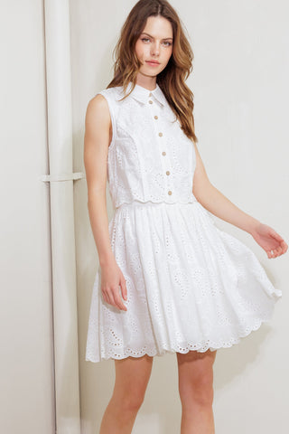 LEAF KISS WHITE WOVEN EYELET MINI DRESS - By Baano