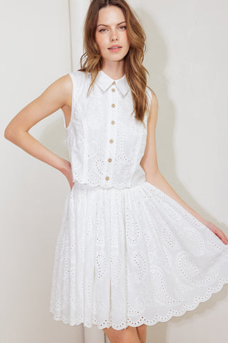 LEAF KISS WHITE WOVEN EYELET MINI DRESS - By Baano