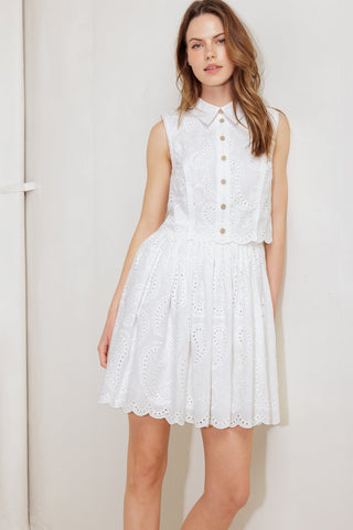 LEAF KISS WHITE WOVEN EYELET MINI DRESS - By Baano