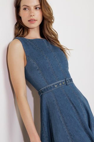 CREAM FIELD DENIM MIDI DRESS