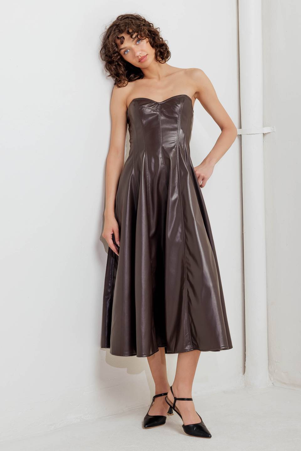 ESPRESSO DIVA FAUX LEATHER MIDI DRESS - By Baano