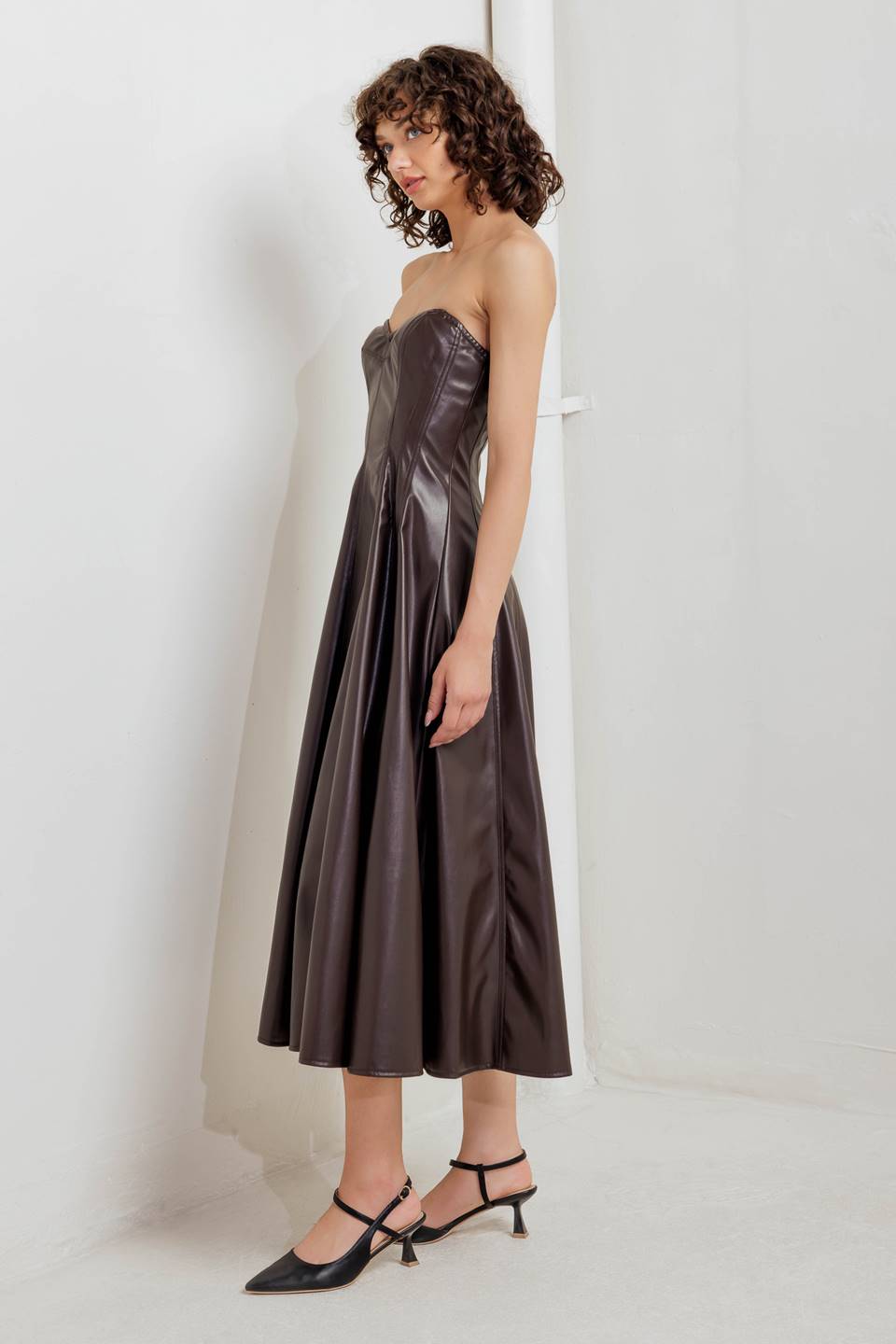 ESPRESSO DIVA FAUX LEATHER MIDI DRESS - By Baano
