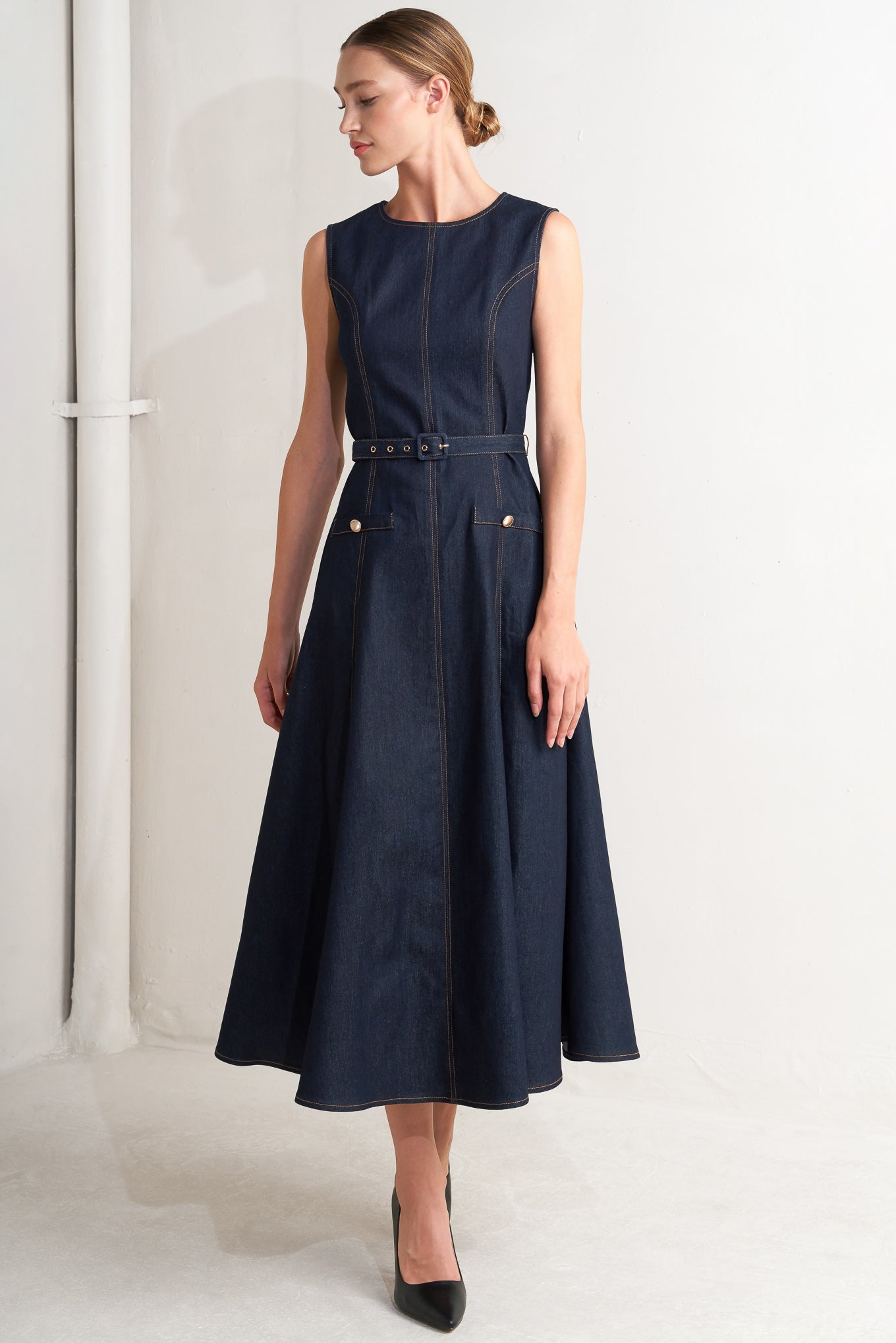 MODERN DARK DENIM MIDI DRESS - By Baano