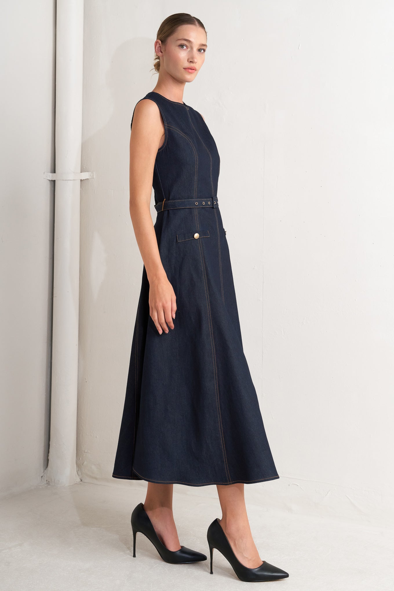 MODERN DARK DENIM MIDI DRESS - By Baano