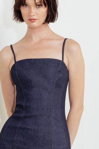 QUIET CURVE DARK DENIM MIDI DRESS - By Baano