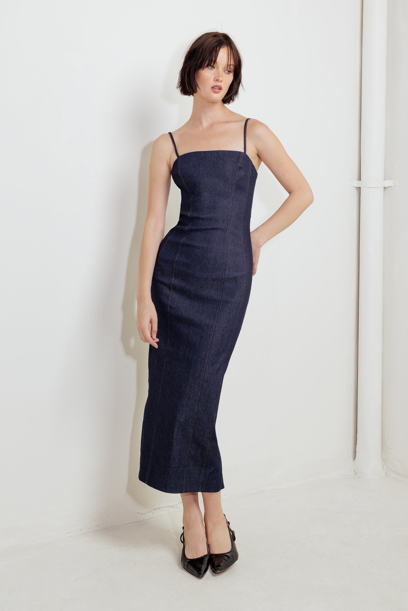 QUIET CURVE DARK DENIM MIDI DRESS - By Baano