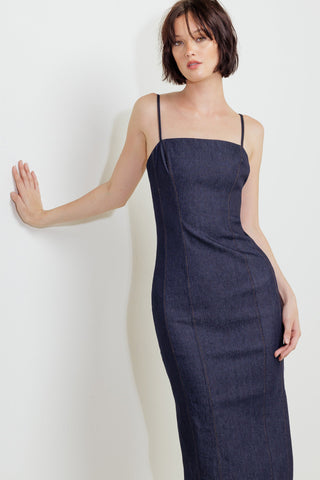 QUIET CURVE DARK DENIM MIDI DRESS - By Baano