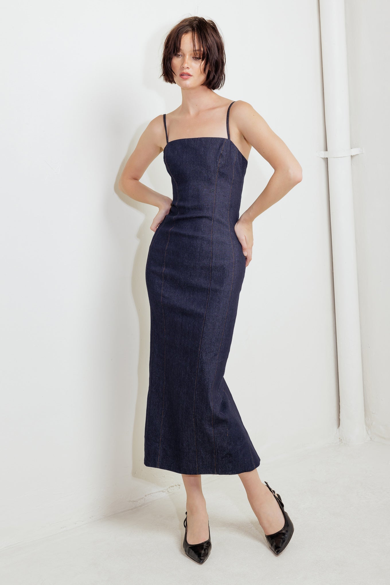 QUIET CURVE DARK DENIM MIDI DRESS - By Baano