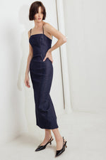 QUIET CURVE DARK DENIM MIDI DRESS - By Baano