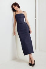 QUIET CURVE DARK DENIM MIDI DRESS - By Baano