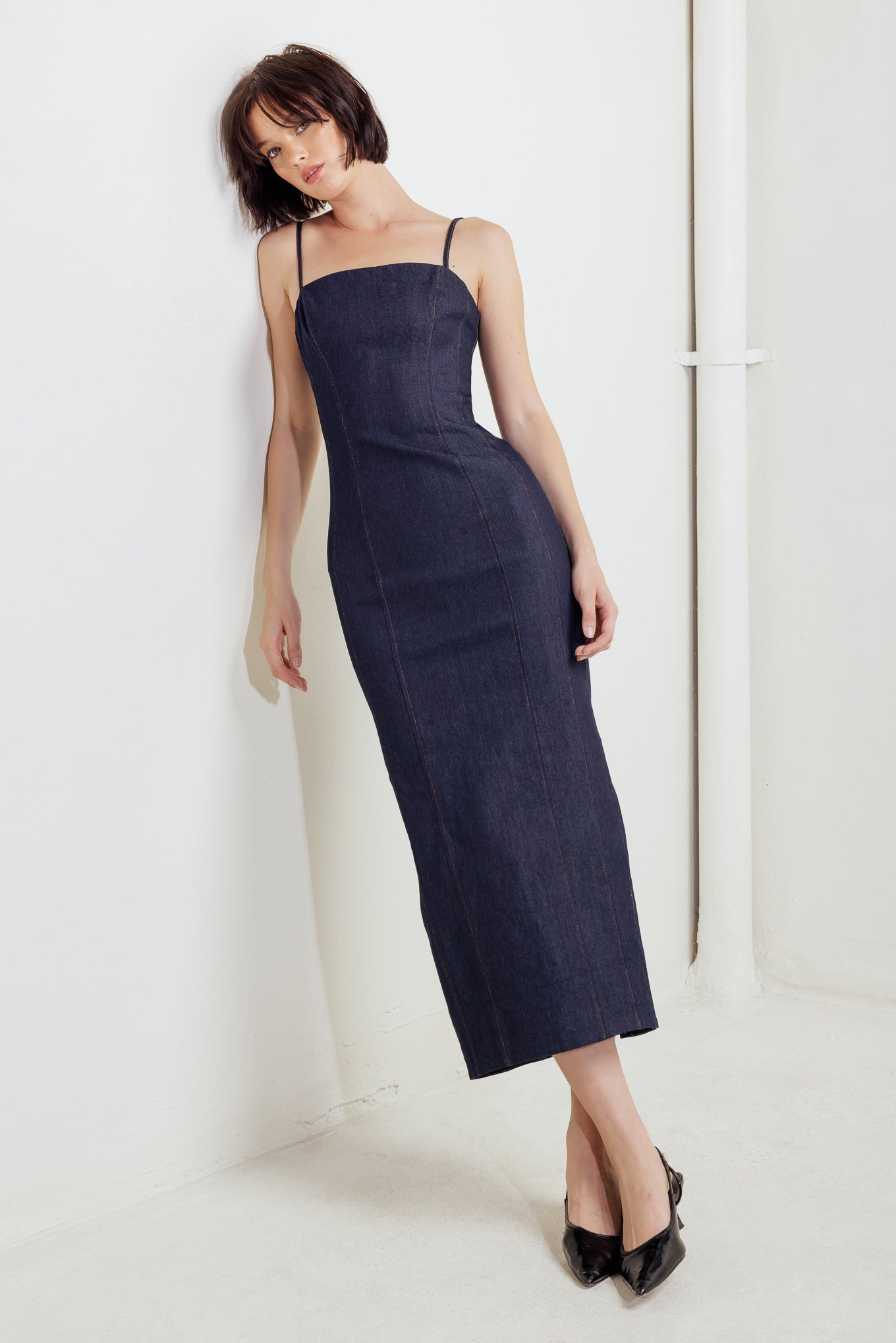 QUIET CURVE DARK DENIM MIDI DRESS - By Baano