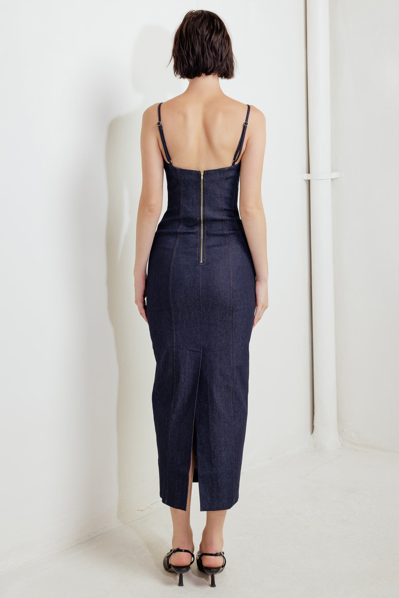 QUIET CURVE DARK DENIM MIDI DRESS - By Baano