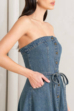 MIDNIGHT VOLUME DENIM MIDI DRESS