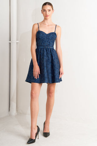 NAVY ROMANCE WOVEN JACQUARD MINI DRESS Flying Tomato
