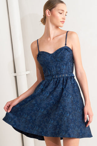 NAVY ROMANCE WOVEN JACQUARD MINI DRESS Flying Tomato