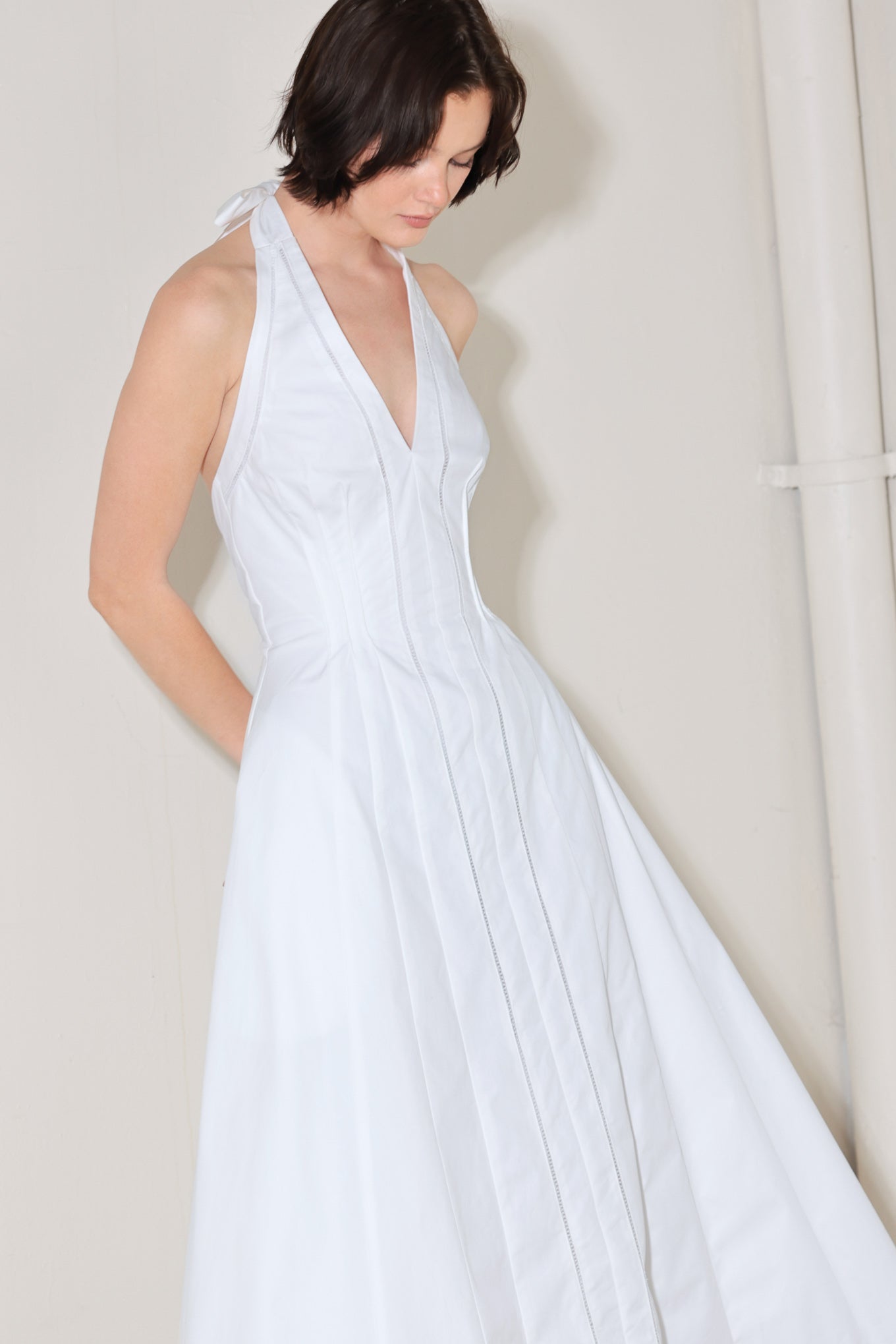 POWDER SKY HALTER WOVEN MIDI DRESS