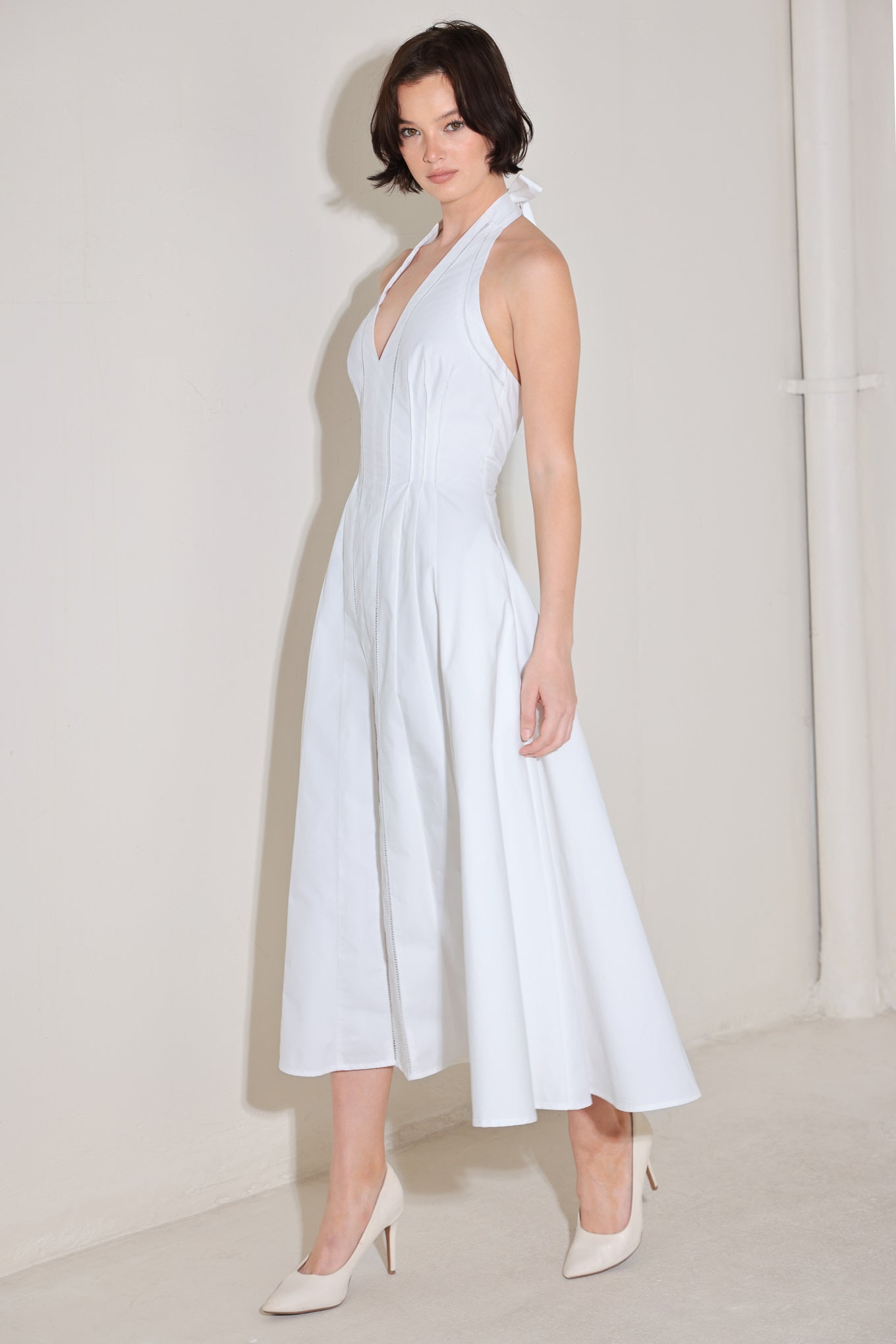 POWDER SKY HALTER WOVEN MIDI DRESS