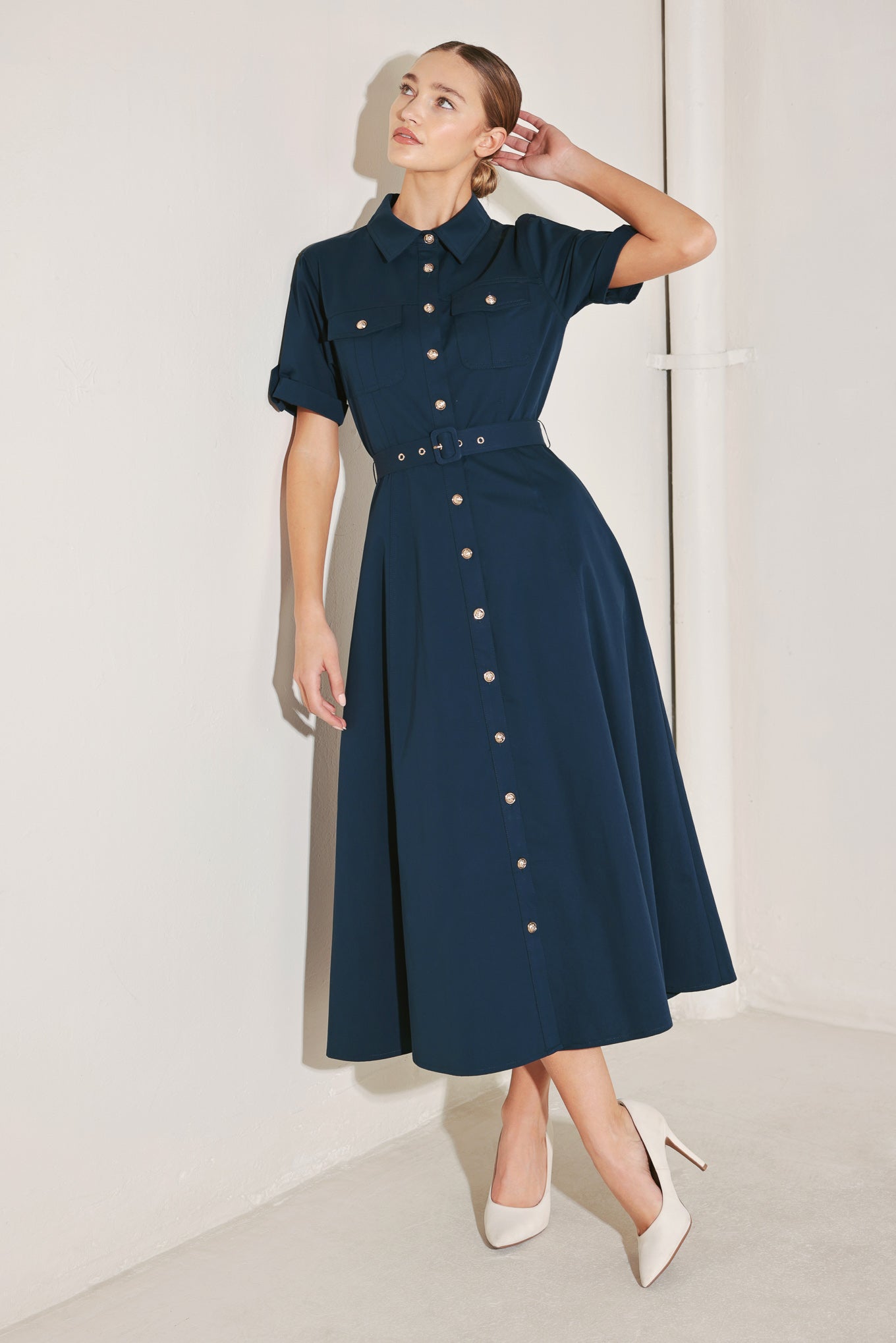 CLASSIC AUTHORITY WOVEN MIDI DRESS