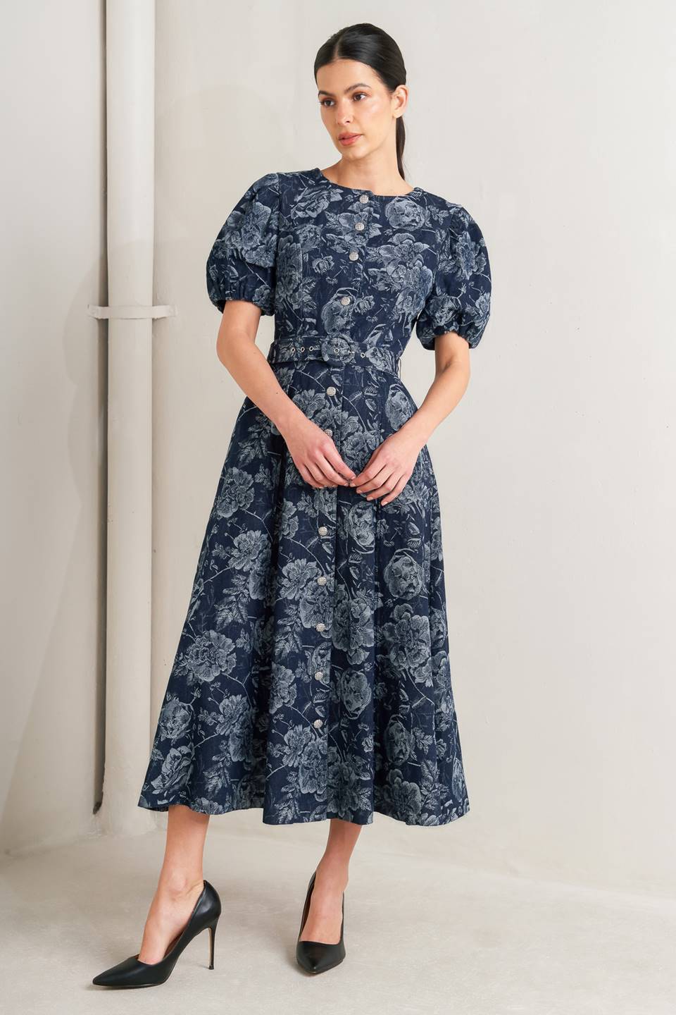 DARK BLOOM JACQUARD DENIM MIDI DRESS Flying Tomato