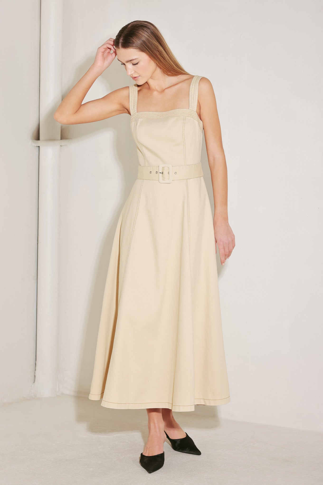 ELEVATED NEUTRAL WOVEN MIDI DRESS