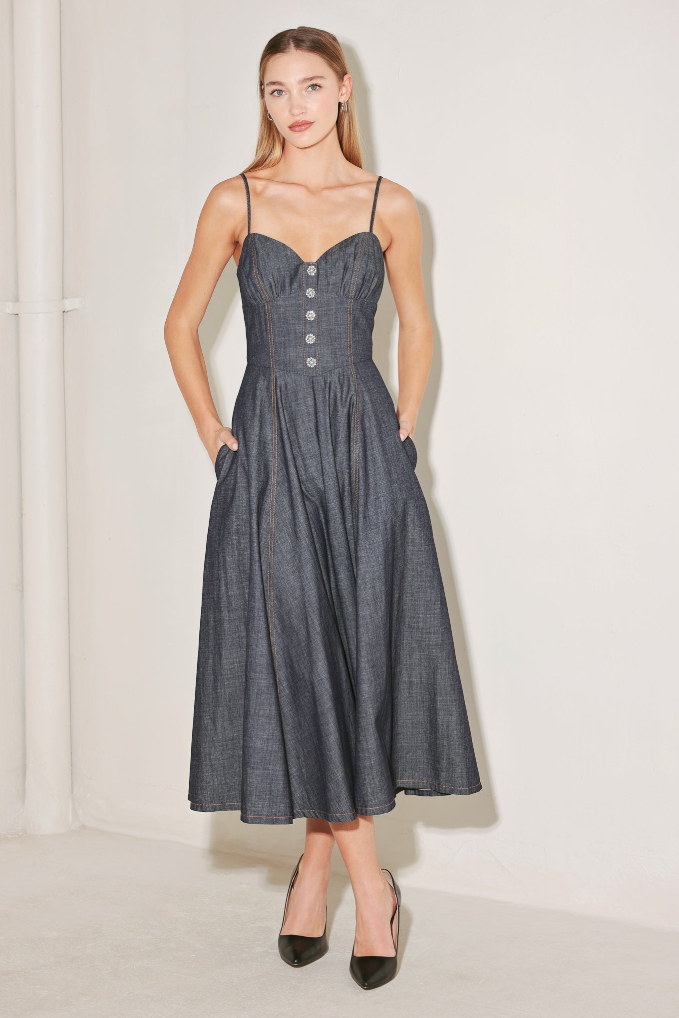 AFTER HOURS SERENADE DENIM MIDI DRESS