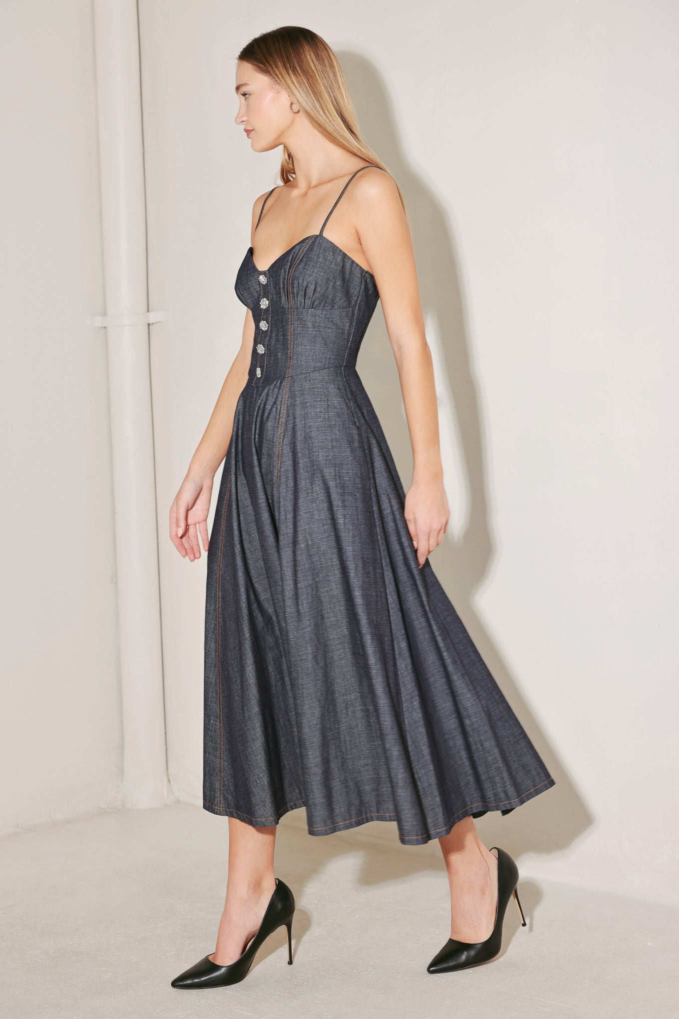 AFTER HOURS SERENADE DENIM MIDI DRESS