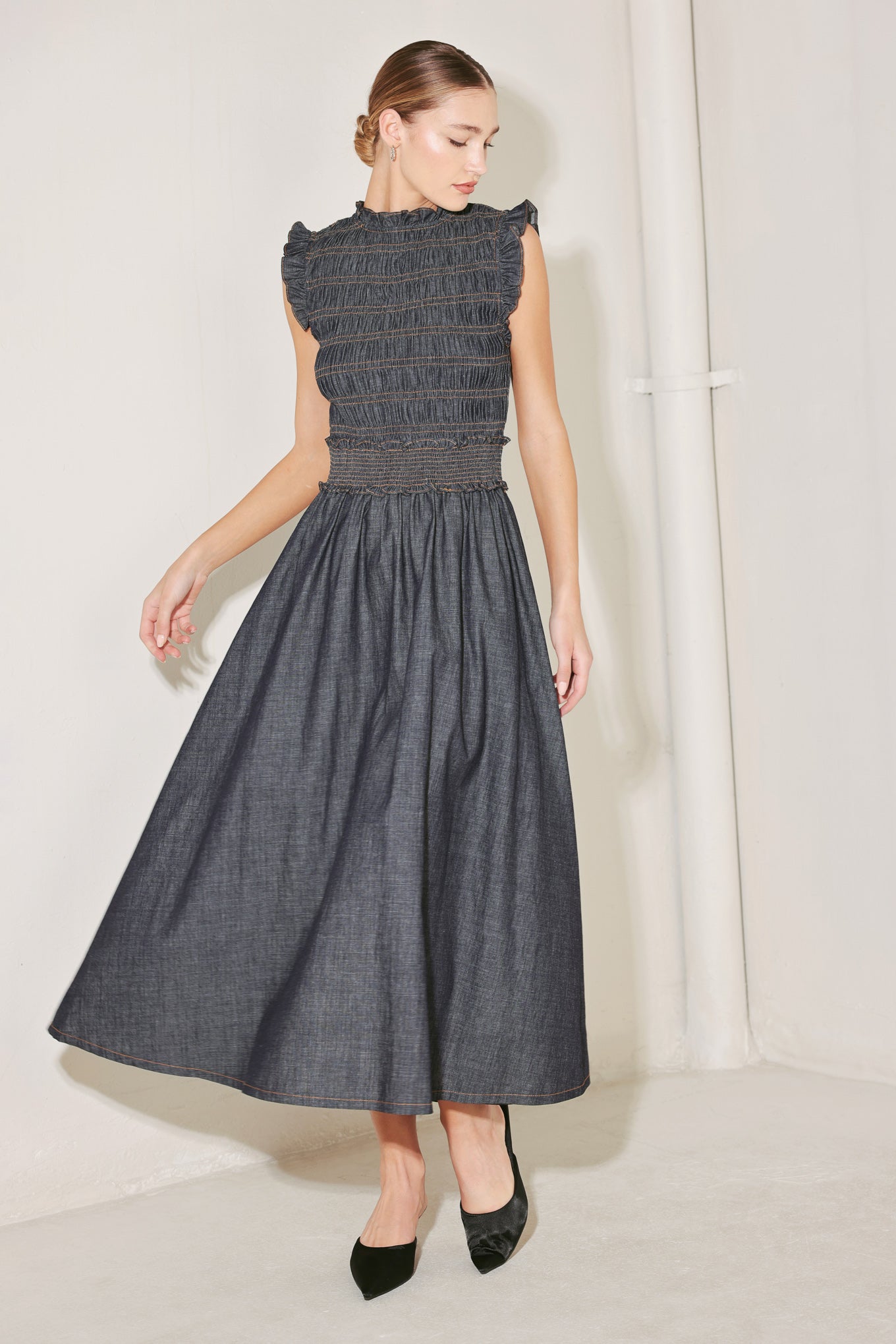 ROMANTIC REVERIE DENIM MIDI DRESS