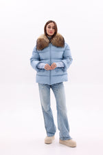 Genuine Fur Trim Down Fill Coat in Blue