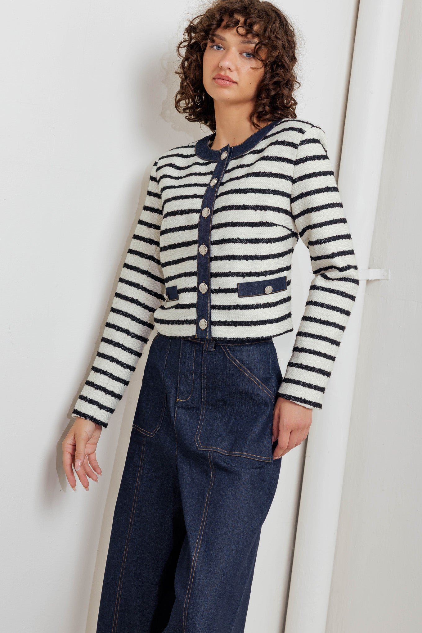 BONJOUR STRIPE WOVEN CROP JACKET - By Baano