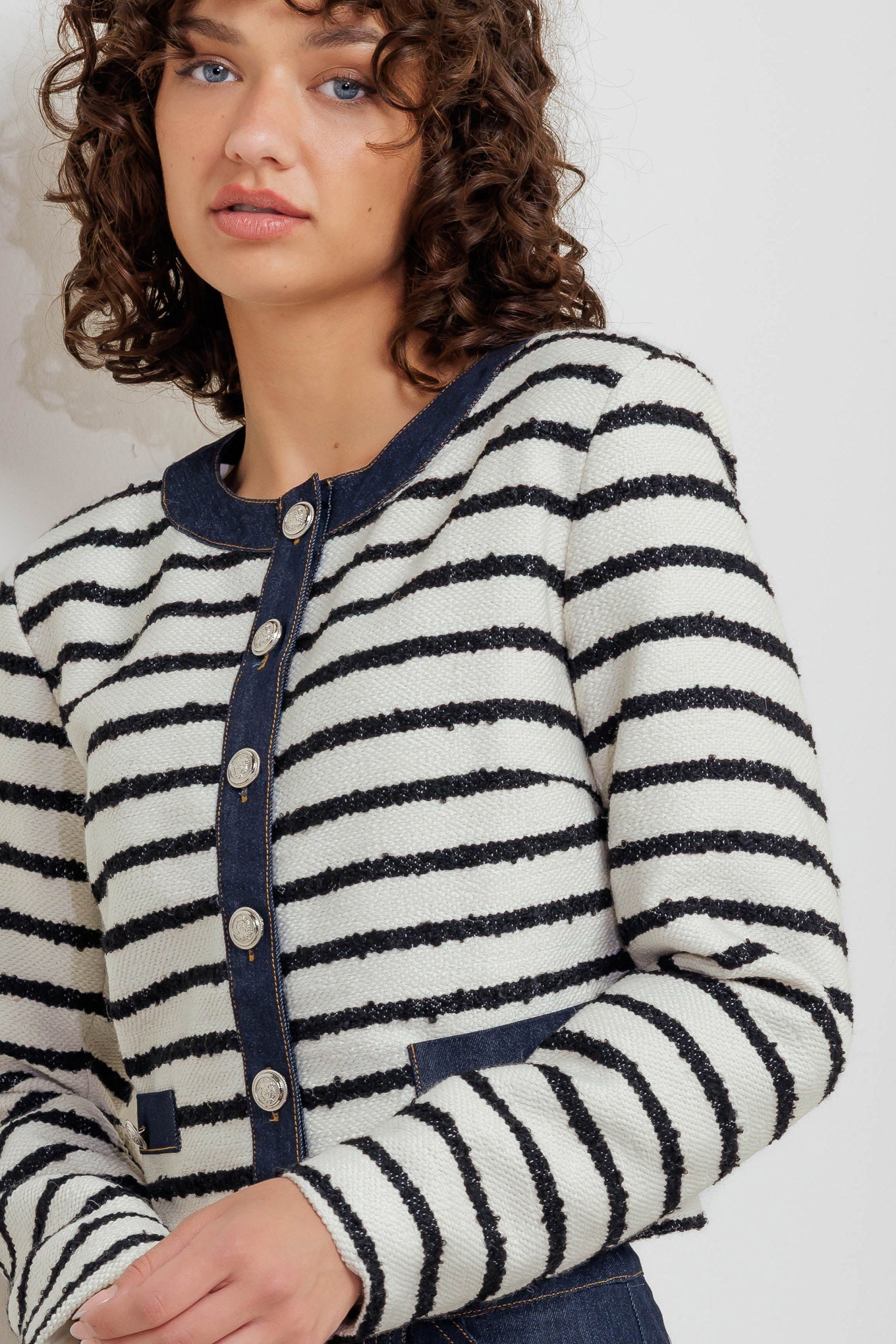 BONJOUR STRIPE WOVEN CROP JACKET - By Baano