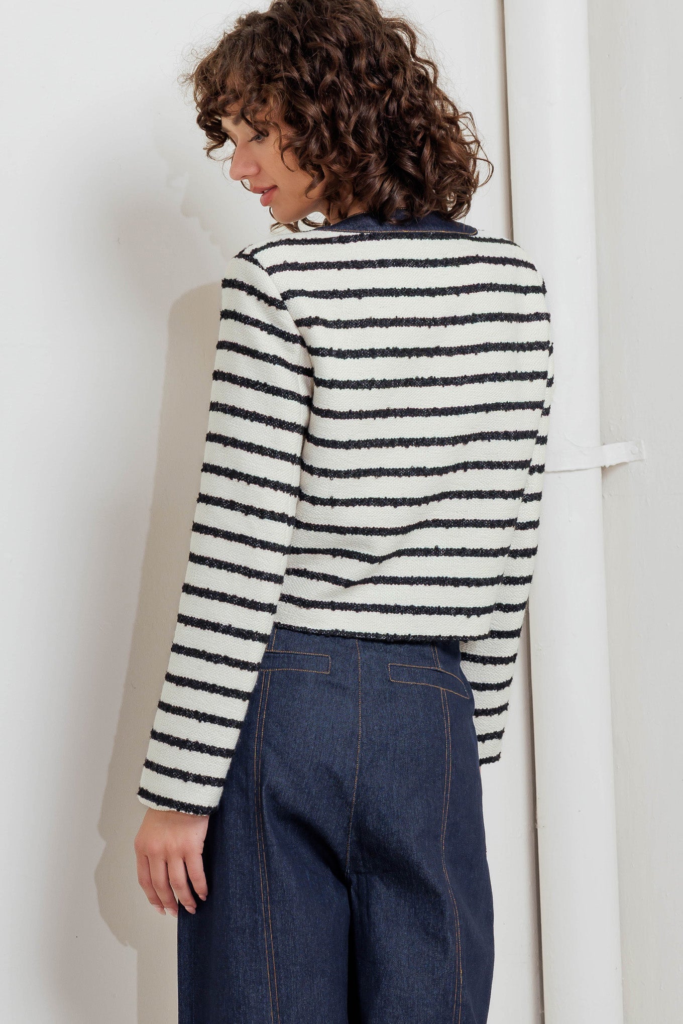 BONJOUR STRIPE WOVEN CROP JACKET - By Baano