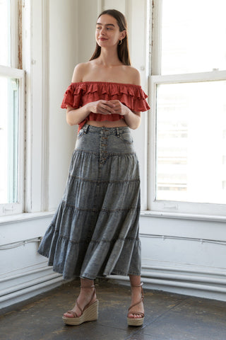 SIMPLE STATEMENT DENIM MIDI SKIRT - By Baano