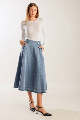 AT FIRST GLANCE DENIM MIDI SKIRT - By Baano
