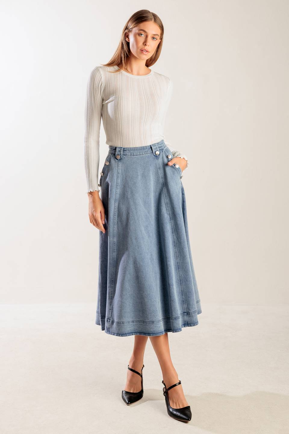 AT FIRST GLANCE DENIM MIDI SKIRT - By Baano